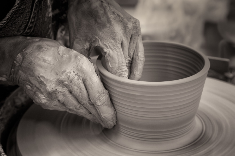 Pottery, turning a bowl, Maker's Hands