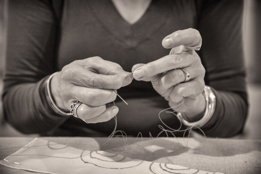 threading a needle, sewing, fabric art, Maker's Hands